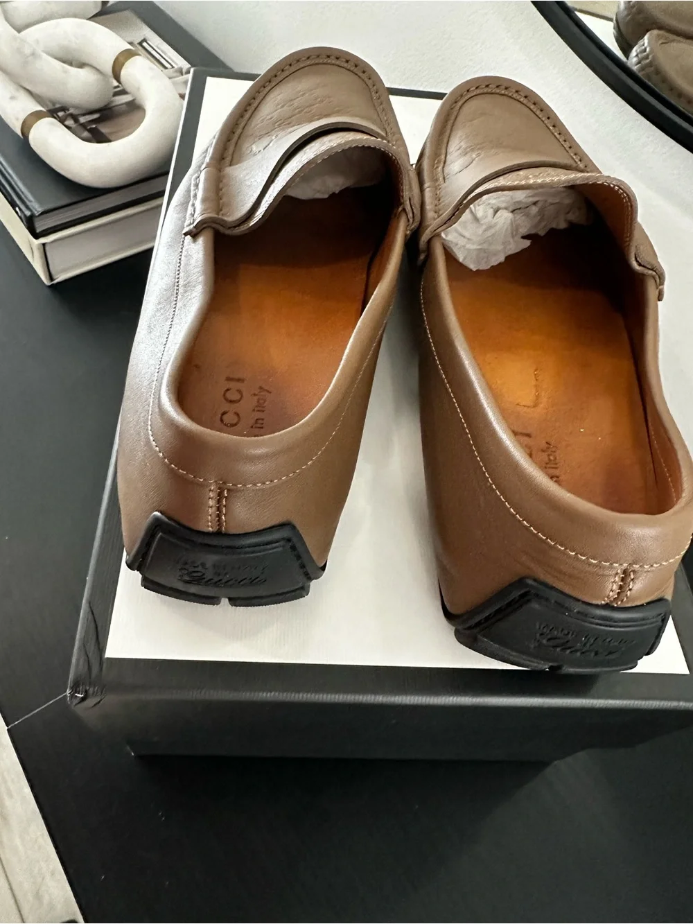 Gucci Brown Leather Embossed Penny Loafers